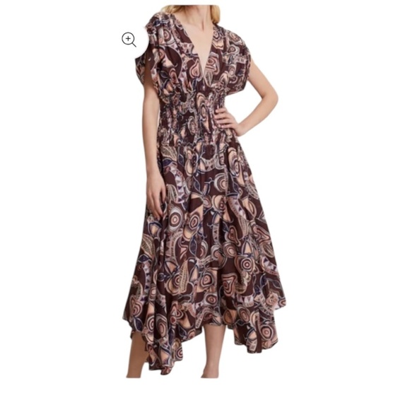 A.L.C. Midi Dress Womens Size 6 Brown Asymmetric Hem V-Neck Smocked Bodice Boho - Picture 1 of 16